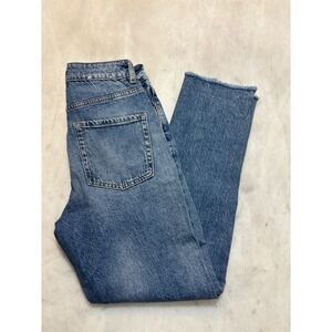 Garage Mom Jeans High Rise Straight Leg Blue Medium Wash Raw Hem Size 1/25